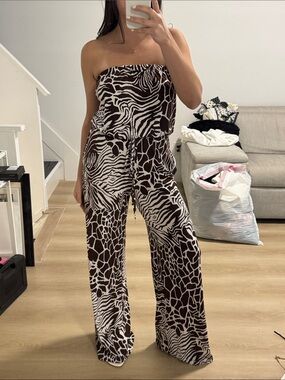 Strapless Animal Print Wide-Leg Jumpsuit - Brown/White